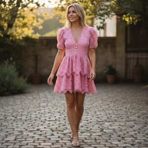 Pink Lace Rhinestone Buttons Small Cocktail Dress Princess Girly Feminine Barbie